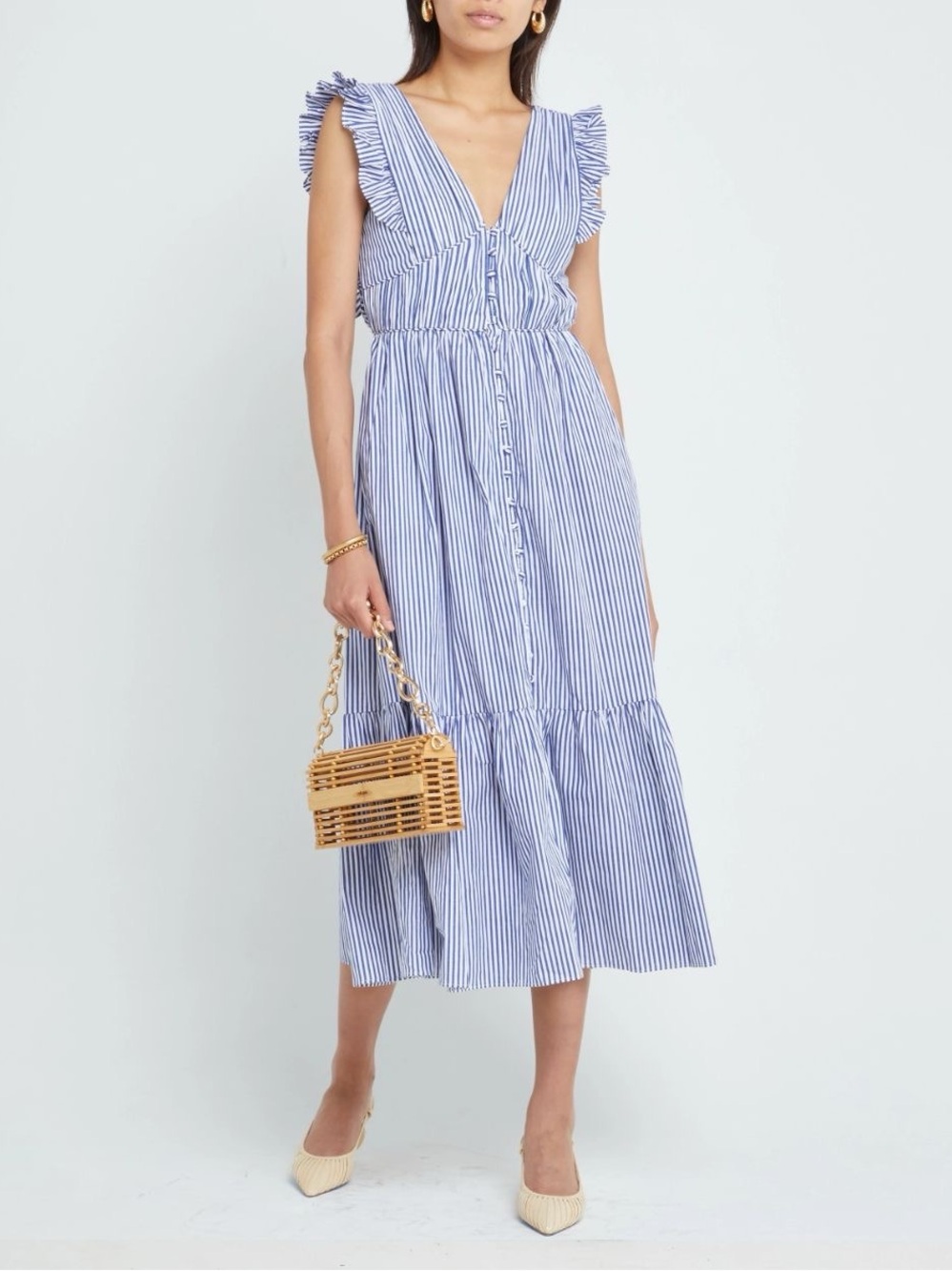 O.P.T Stella Blue White Stripe Cotton Ruffle Cutout Maxi Dress Medium